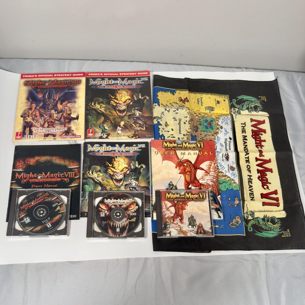 Vintage Might and Magic VI VII VIII PC CD-ROM Lot Prima Guides Games Manuals Map